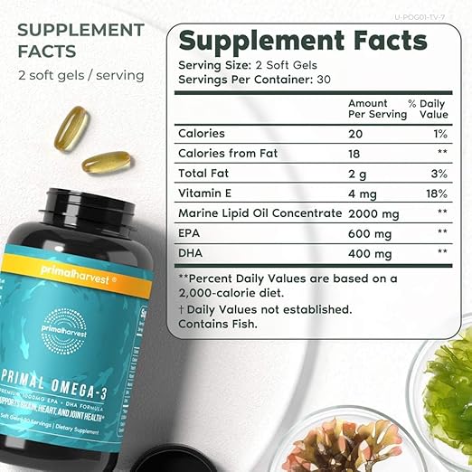 Primal Harvest Omega-3 Fish Oil Softgels (1800mg EPA & DHA, 60 Softgels)