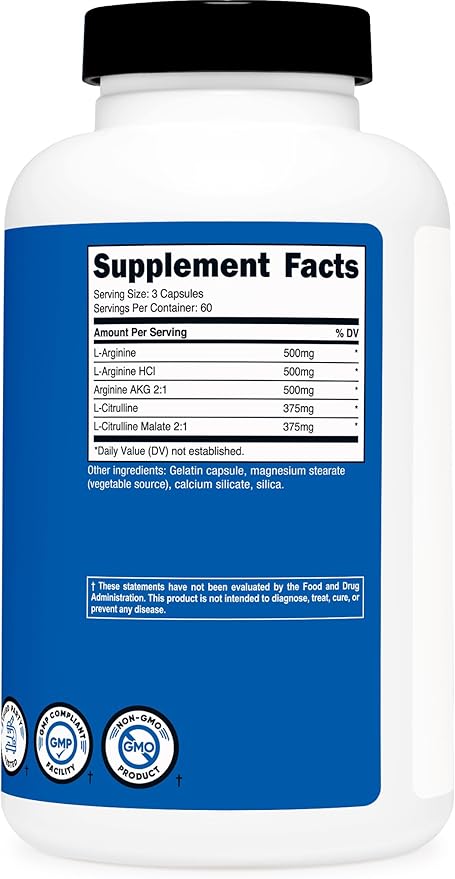 Nutricost Nitric Oxide Booster - 120 Capsules | L-Arginine + Citrulline | Pre-Workout Support