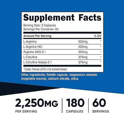 Nutricost Nitric Oxide Booster - 120 Capsules | L-Arginine + Citrulline | Pre-Workout Support