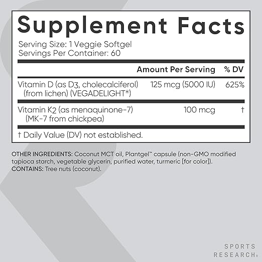 Sports Research – Vegan Vitamin D3 5,000 IU (60 Veggie Softgels)